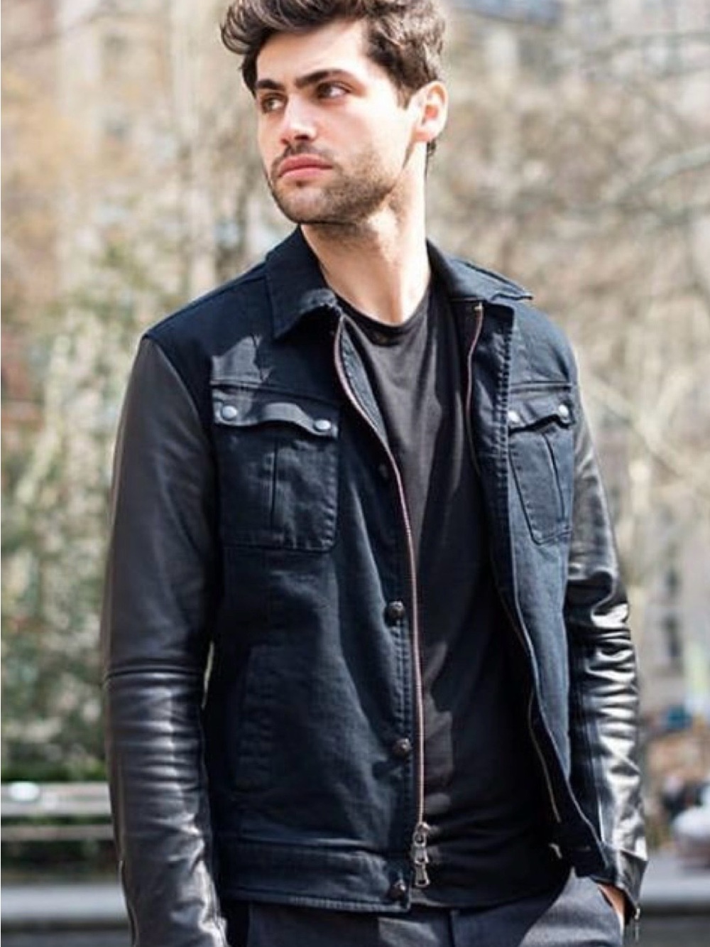 John Varvatos Black Denim Jacket with Leather  zipper sleeves size M